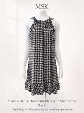 MSK Black & White Houndstooth Sequin sleeveless Dress with Ruffle Hem, L